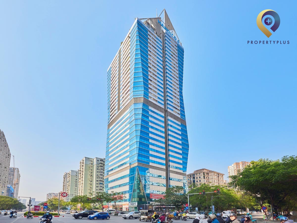 Diamond Flower Tower exterior view with surrounding buildings and clear sky